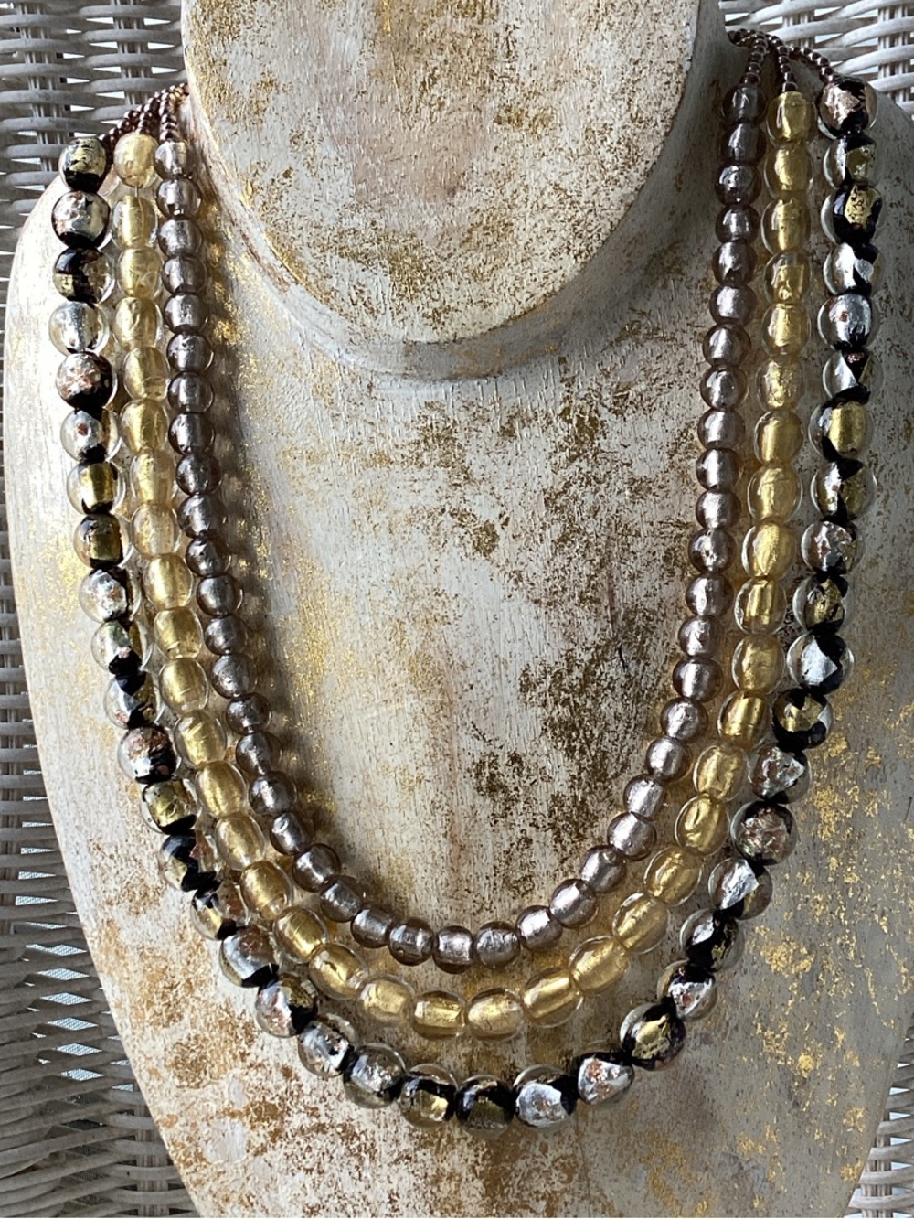 Three strand art glass bead necklace Retro glamour Eclectic boho Quiet luxury